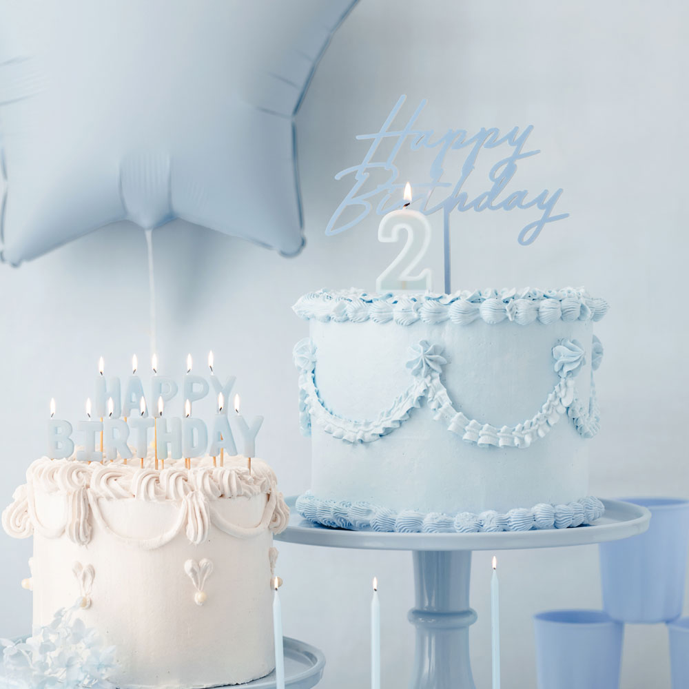 Acryl Cake Topper „Happy Birthday“ Nebelblau 16,5 cm