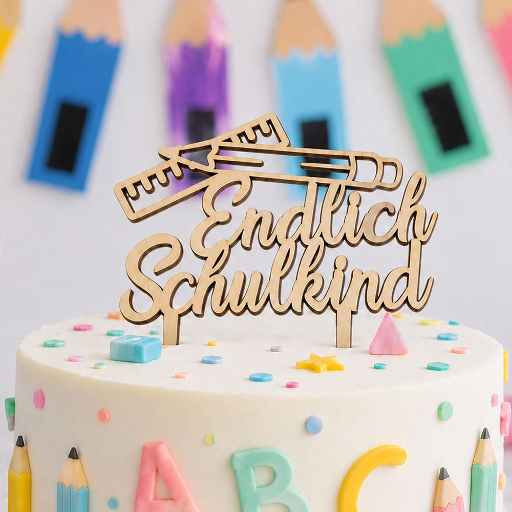 Cake Topper Holz- Endlich Schulkind Lineal & Stift