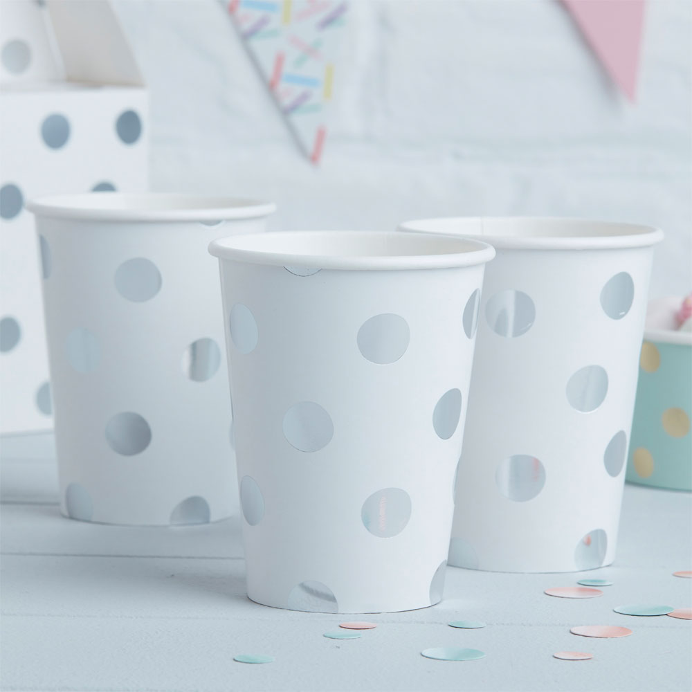 Ginger Ray Pappbecher Polka Dots Silber - 8 Stück
