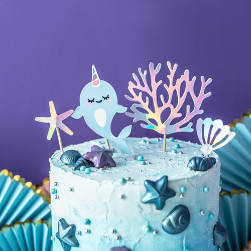 Narwahl Partydeco Cake Topper - Wal, Seestern, Muschel und Koralle