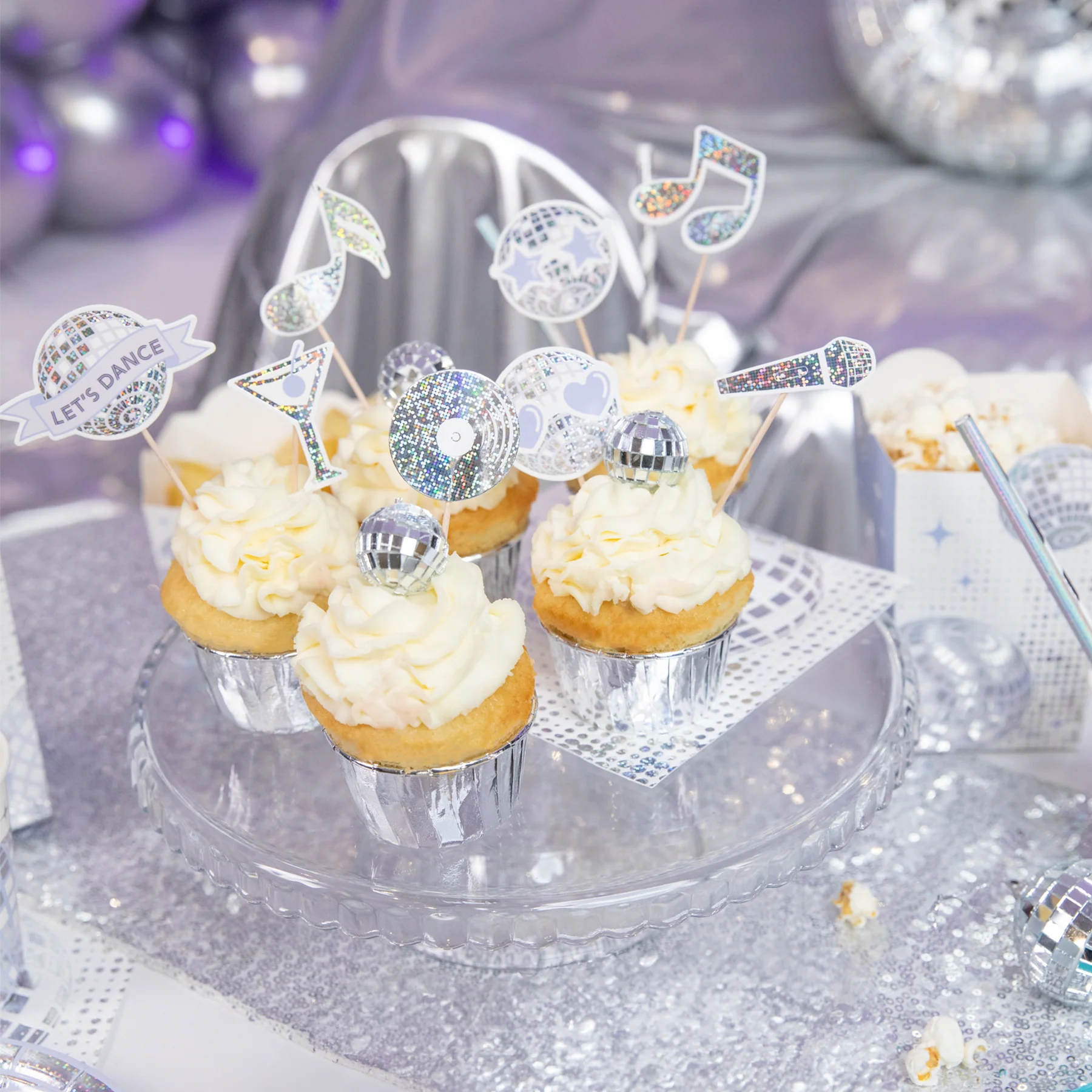 Silver Disco Cupcake Topper Set, 8-teilig