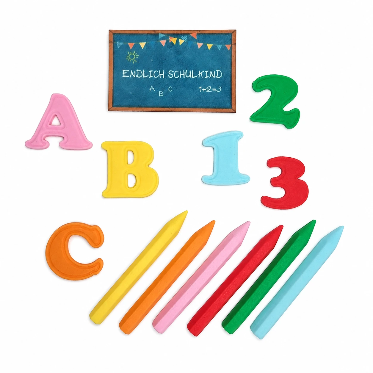 Bunte Zuckerdekoration Einschulung - Tafel, Stifte, Buchstaben